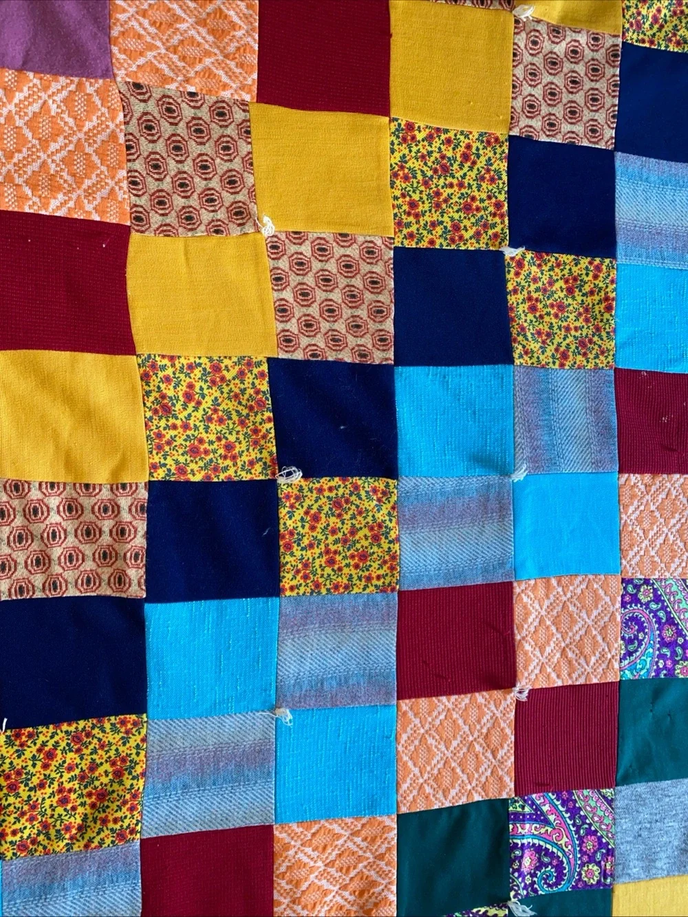 Vintage 1970s Colorful Polyester/Cotton Patchwork Quilt Hand Tied 64” X 56” -B7